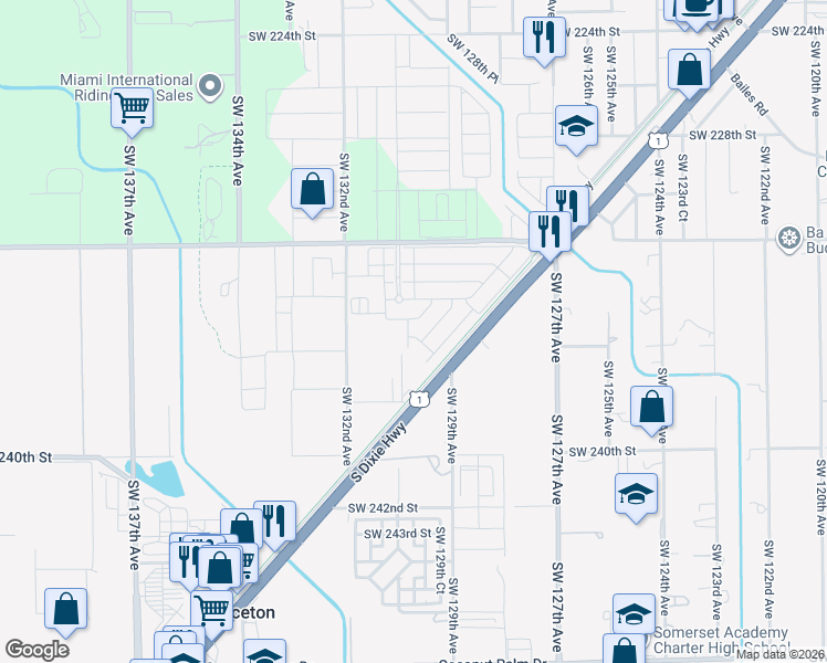 map of restaurants, bars, coffee shops, grocery stores, and more near 23645 Southwest 129th Avenue in Homestead