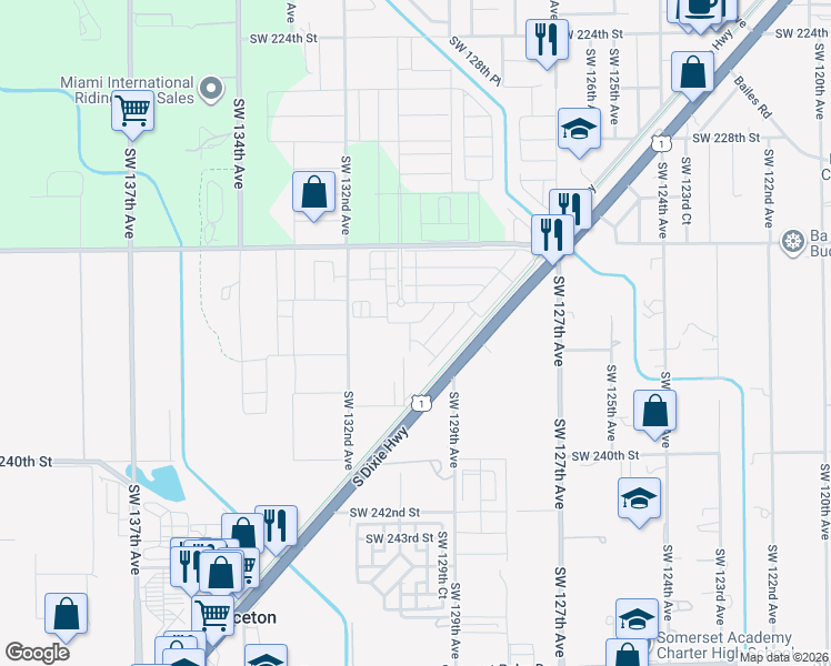 map of restaurants, bars, coffee shops, grocery stores, and more near 23645 Southwest 129th Avenue in Homestead