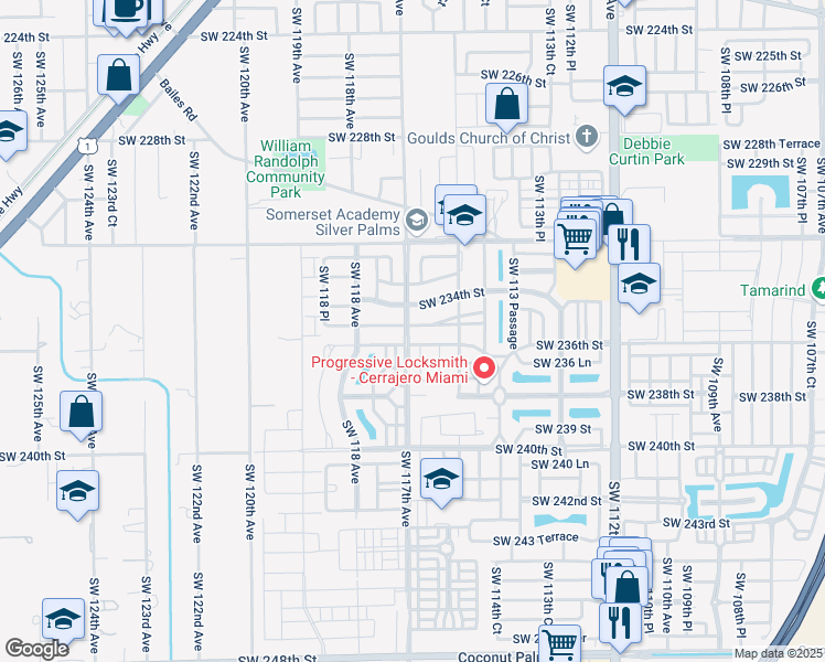 map of restaurants, bars, coffee shops, grocery stores, and more near 23605 Southwest 117th Court in Princeton