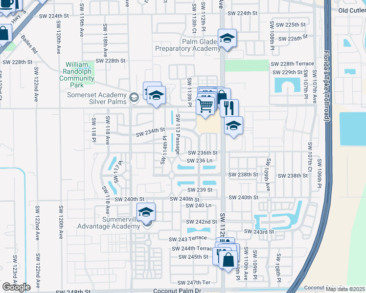map of restaurants, bars, coffee shops, grocery stores, and more near 23587 Southwest 113 Passage in Princeton