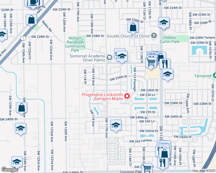 map of restaurants, bars, coffee shops, grocery stores, and more near 23605 Southwest 117th Court in Princeton