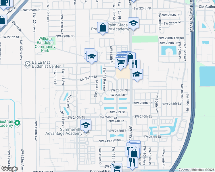 map of restaurants, bars, coffee shops, grocery stores, and more near 23587 Southwest 113 Passage in Princeton