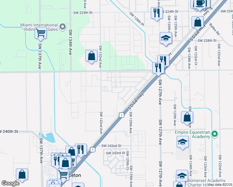 map of restaurants, bars, coffee shops, grocery stores, and more near 23505 Southwest 132nd Avenue in Homestead