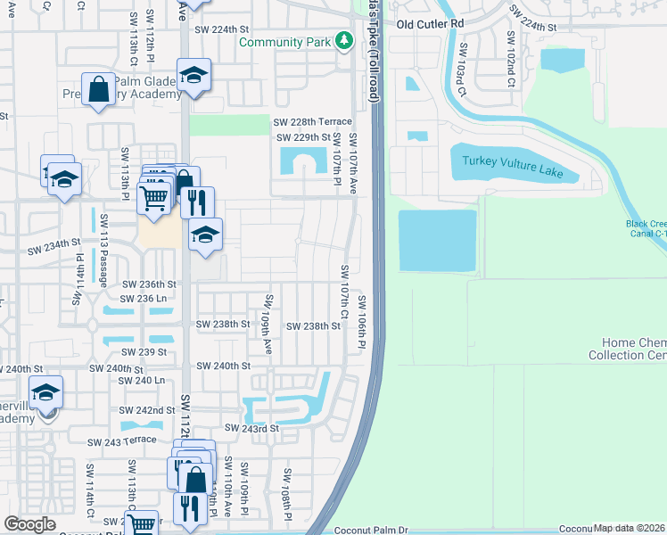 map of restaurants, bars, coffee shops, grocery stores, and more near 23616 Southwest 107th Place in Homestead