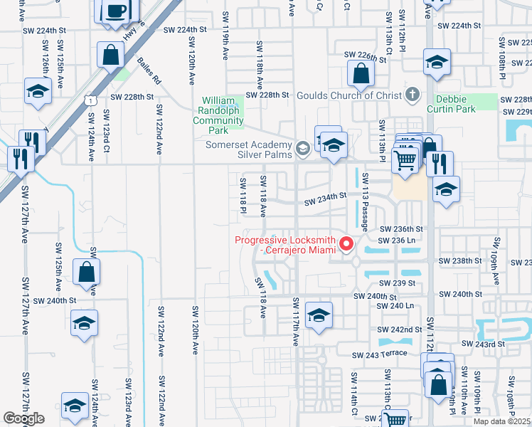 map of restaurants, bars, coffee shops, grocery stores, and more near 23567 Southwest 118 Avenue in Homestead