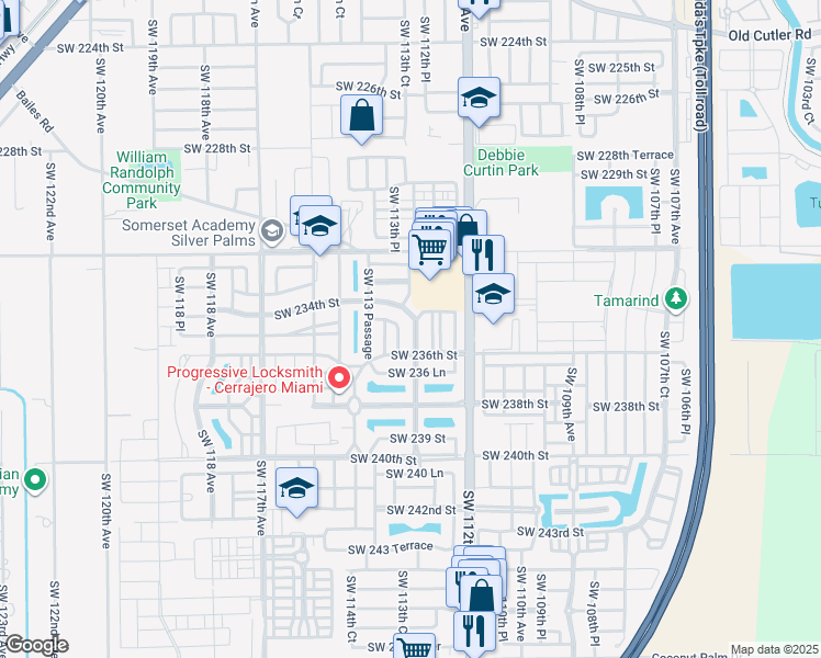 map of restaurants, bars, coffee shops, grocery stores, and more near 23424 Southwest 113th Avenue in Miami