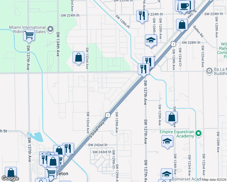 map of restaurants, bars, coffee shops, grocery stores, and more near 13000 Southwest 232nd Street in Miami
