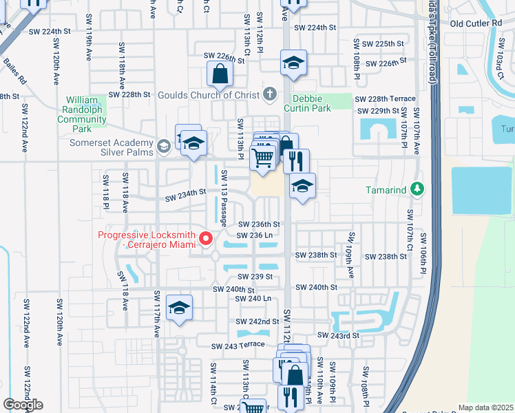 map of restaurants, bars, coffee shops, grocery stores, and more near 23424 Southwest 113th Avenue in Miami