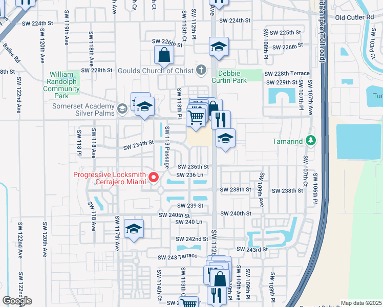map of restaurants, bars, coffee shops, grocery stores, and more near 23424 Southwest 113th Avenue in Miami