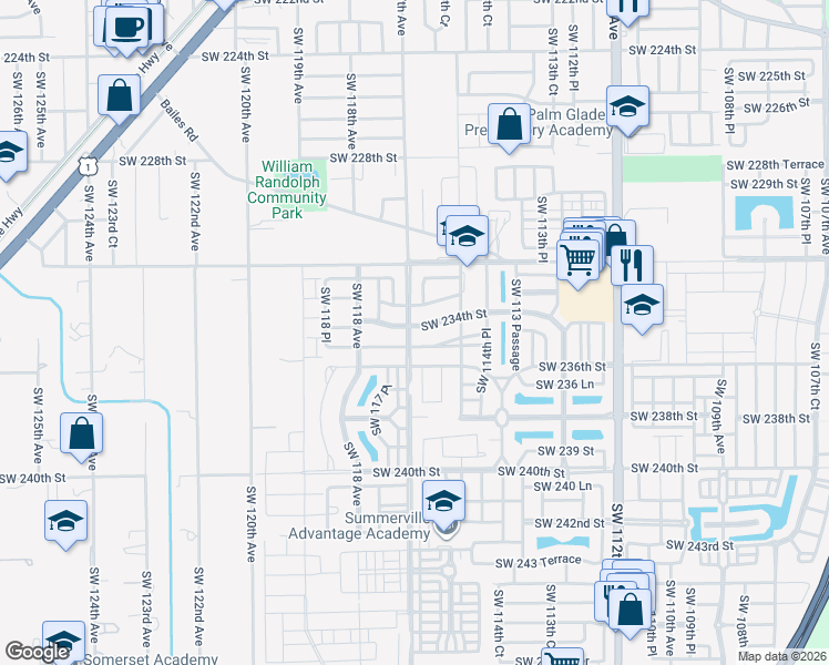 map of restaurants, bars, coffee shops, grocery stores, and more near 11646 Southwest 234th Street in Homestead