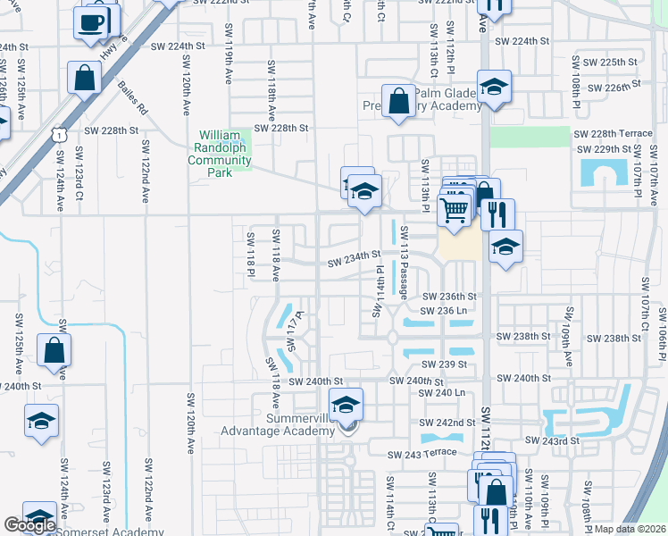 map of restaurants, bars, coffee shops, grocery stores, and more near 11546 Southwest 234th Street in Homestead