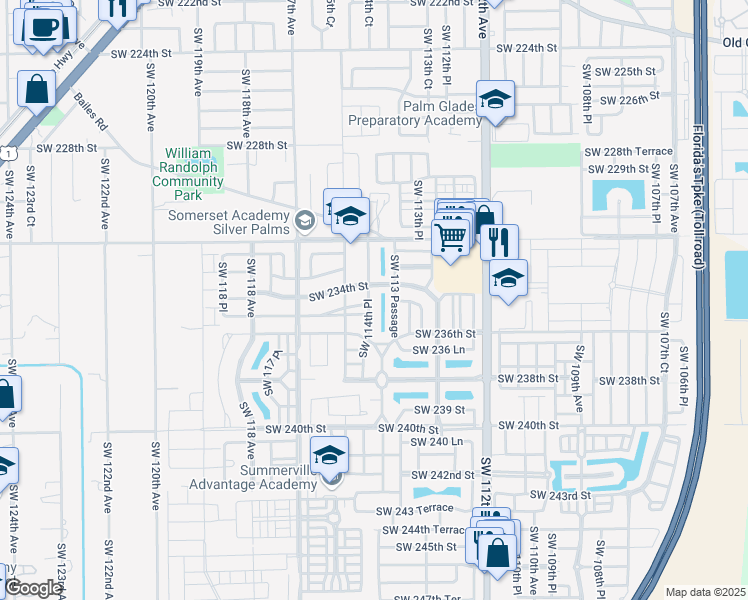 map of restaurants, bars, coffee shops, grocery stores, and more near 11467 Southwest 235th Street in Homestead
