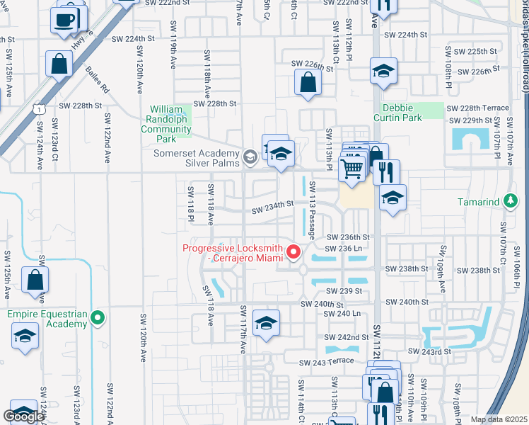 map of restaurants, bars, coffee shops, grocery stores, and more near 11546 Southwest 234th Street in Homestead
