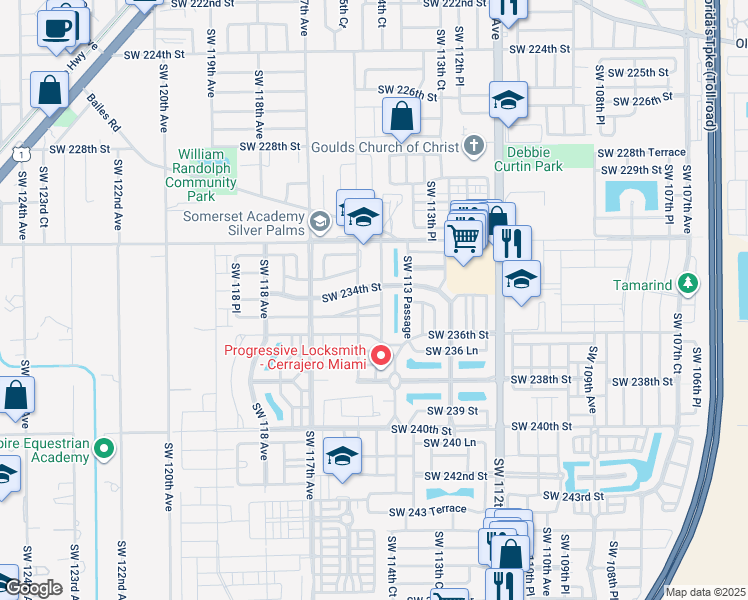 map of restaurants, bars, coffee shops, grocery stores, and more near 11467 Southwest 235th Street in Homestead