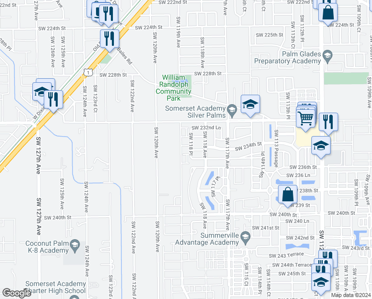 map of restaurants, bars, coffee shops, grocery stores, and more near 23400 Southwest 118 Place in Princeton