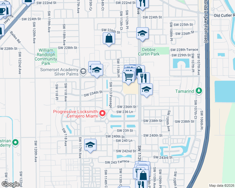 map of restaurants, bars, coffee shops, grocery stores, and more near 23424 Southwest 113th Avenue in Miami