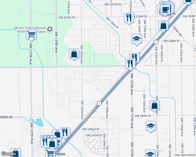 map of restaurants, bars, coffee shops, grocery stores, and more near 13000 Southwest 232nd Street in Miami