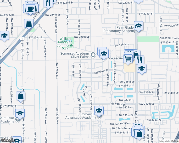 map of restaurants, bars, coffee shops, grocery stores, and more near 11711 Southwest 234th Street in Homestead