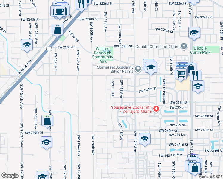 map of restaurants, bars, coffee shops, grocery stores, and more near 23400 Southwest 118th Place in Princeton