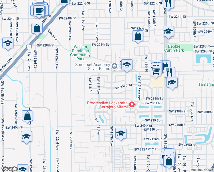 map of restaurants, bars, coffee shops, grocery stores, and more near 11711 Southwest 234th Street in Homestead
