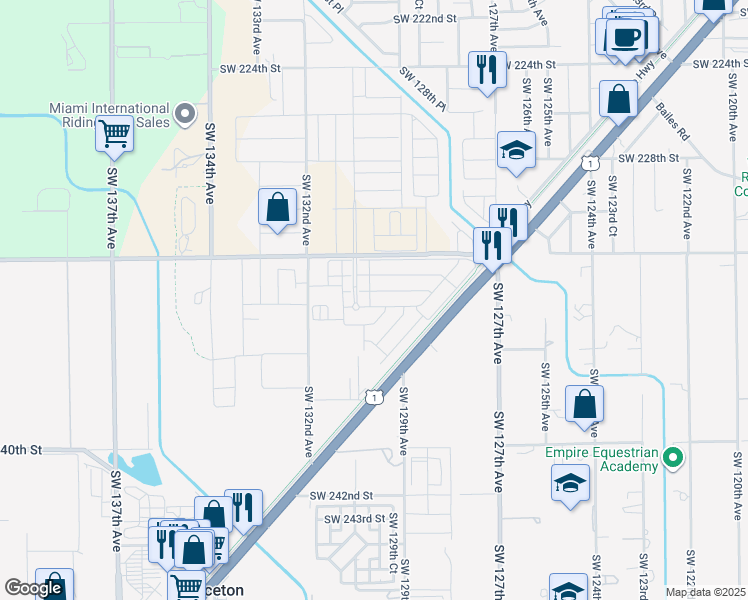 map of restaurants, bars, coffee shops, grocery stores, and more near 13000 Southwest 232nd Street in Miami