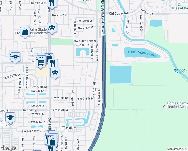 map of restaurants, bars, coffee shops, grocery stores, and more near 23392 Southwest 107th Avenue in Princeton