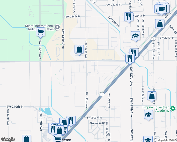 map of restaurants, bars, coffee shops, grocery stores, and more near 23345 Southwest 132nd Avenue in Homestead