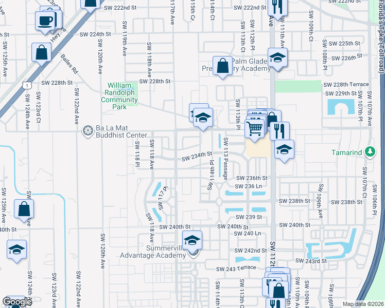map of restaurants, bars, coffee shops, grocery stores, and more near 11546 Southwest 234th Street in Homestead