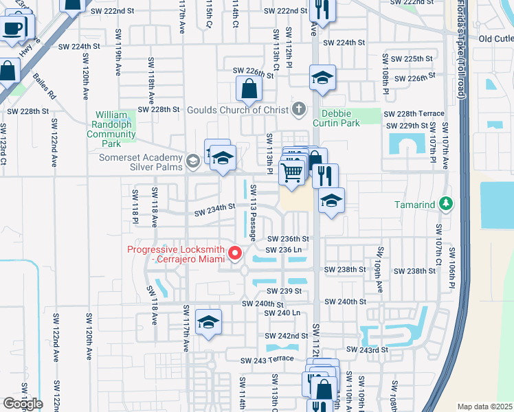 map of restaurants, bars, coffee shops, grocery stores, and more near Southwest 234th Street in Miami