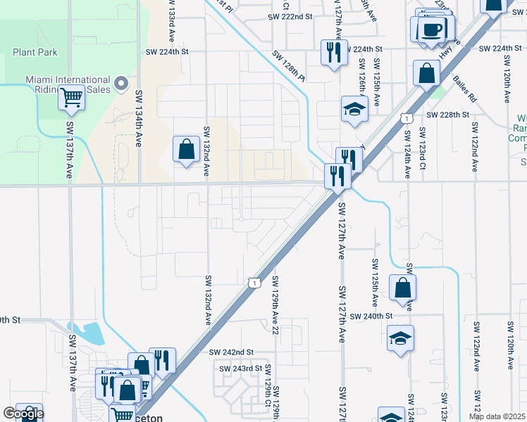map of restaurants, bars, coffee shops, grocery stores, and more near 13000 Southwest 232nd Street in Miami