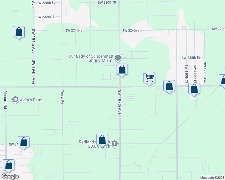map of restaurants, bars, coffee shops, grocery stores, and more near 23200 Southwest 187th Avenue in Redland