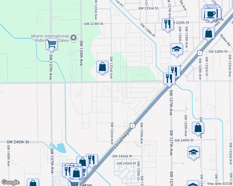 map of restaurants, bars, coffee shops, grocery stores, and more near 23345 Southwest 132nd Avenue in Homestead