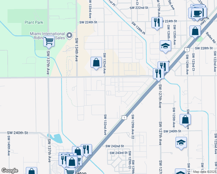 map of restaurants, bars, coffee shops, grocery stores, and more near 23345 Southwest 132nd Avenue in Homestead
