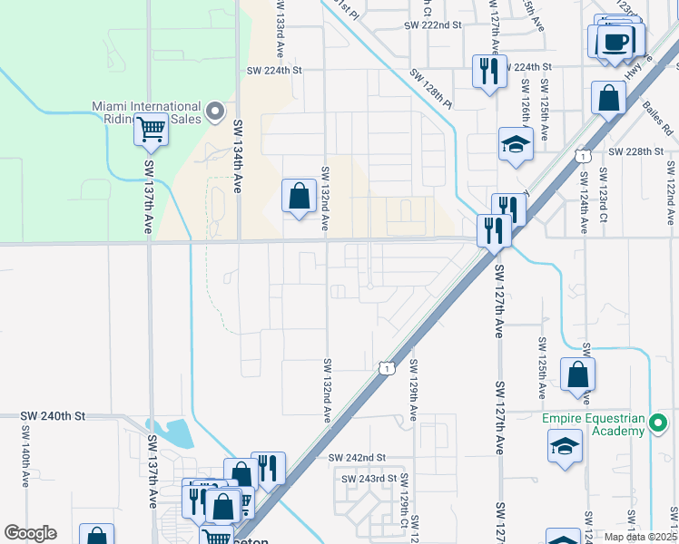 map of restaurants, bars, coffee shops, grocery stores, and more near 23345 Southwest 132nd Avenue in Homestead