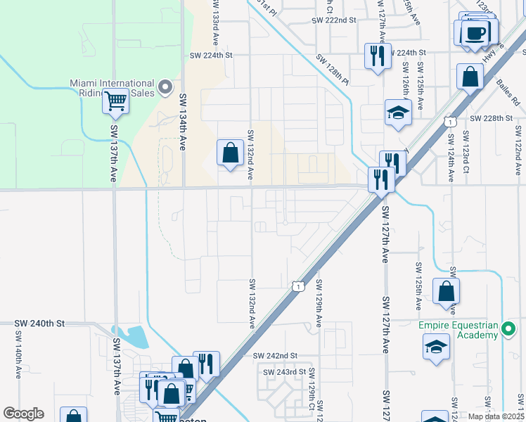 map of restaurants, bars, coffee shops, grocery stores, and more near 23345 Southwest 132nd Avenue in Homestead