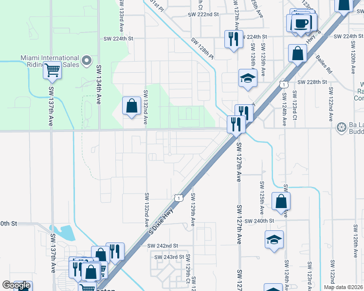 map of restaurants, bars, coffee shops, grocery stores, and more near 13000 Southwest 232nd Street in Miami