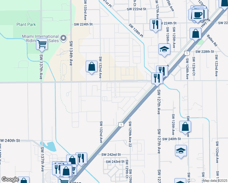 map of restaurants, bars, coffee shops, grocery stores, and more near 13000 Southwest 232nd Street in Miami