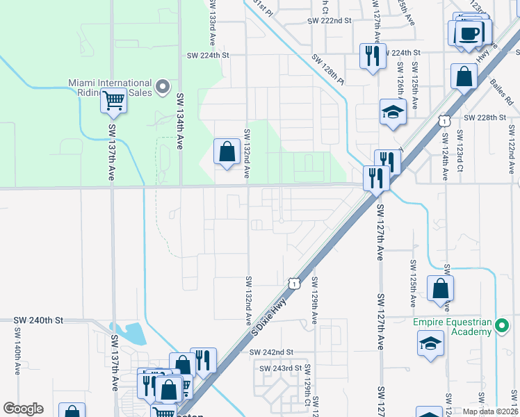 map of restaurants, bars, coffee shops, grocery stores, and more near 23345 Southwest 132nd Avenue in Homestead