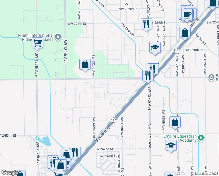 map of restaurants, bars, coffee shops, grocery stores, and more near 13000 Southwest 232nd Street in Miami