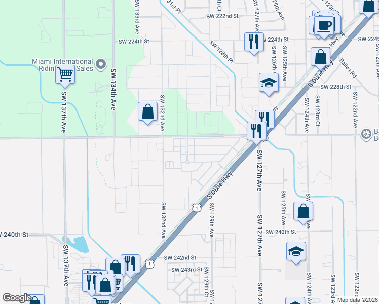 map of restaurants, bars, coffee shops, grocery stores, and more near 13000 Southwest 232nd Street in Miami