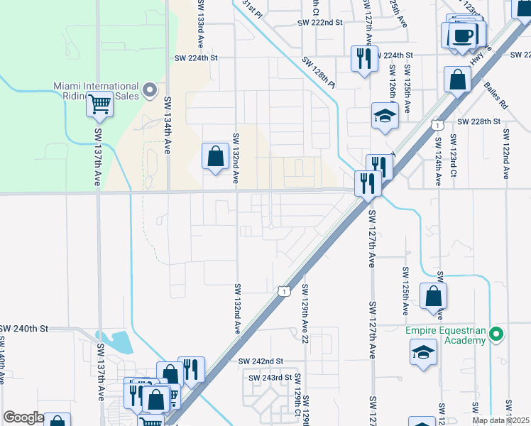 map of restaurants, bars, coffee shops, grocery stores, and more near 13000 Southwest 232nd Street in Miami