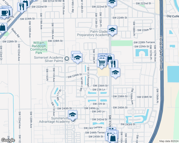 map of restaurants, bars, coffee shops, grocery stores, and more near 23363 Southwest 113 Passage in Miami