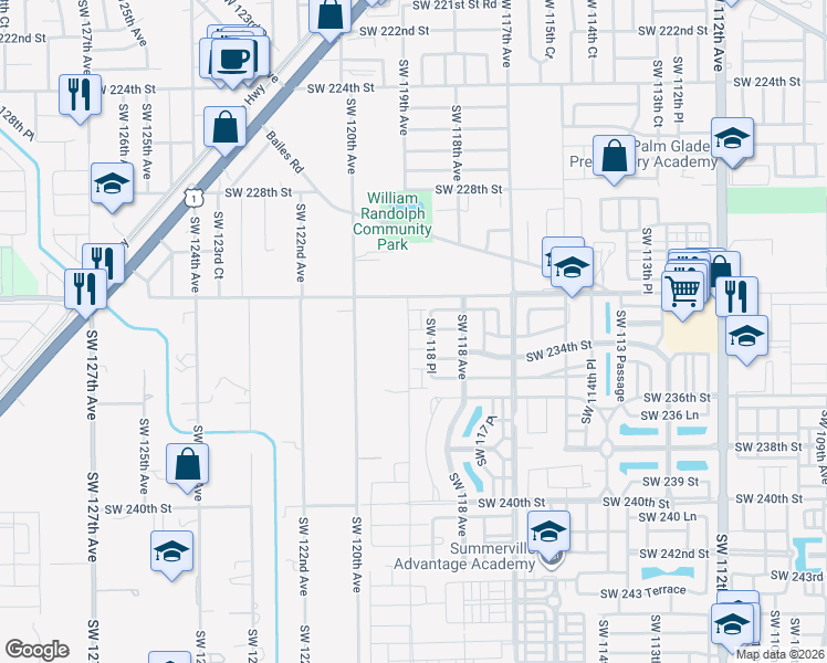 map of restaurants, bars, coffee shops, grocery stores, and more near 11864 Southwest 232nd Lane in Homestead
