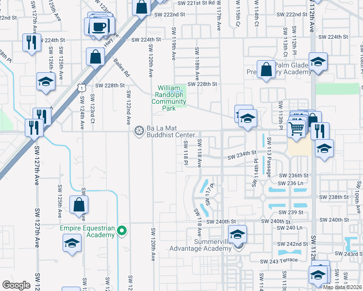 map of restaurants, bars, coffee shops, grocery stores, and more near 11864 Southwest 232nd Lane in Homestead