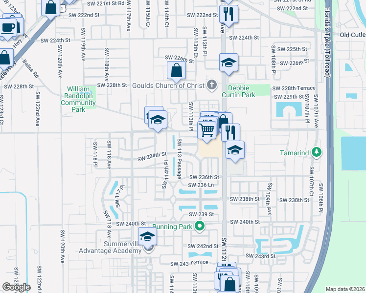 map of restaurants, bars, coffee shops, grocery stores, and more near 23363 Southwest 113 Passage in Miami