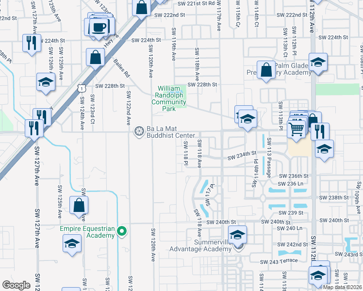 map of restaurants, bars, coffee shops, grocery stores, and more near 11864 Southwest 232nd Lane in Homestead