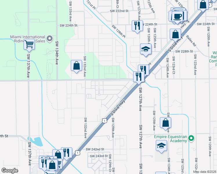 map of restaurants, bars, coffee shops, grocery stores, and more near 12908-12976 Southwest 232nd Street in Goulds