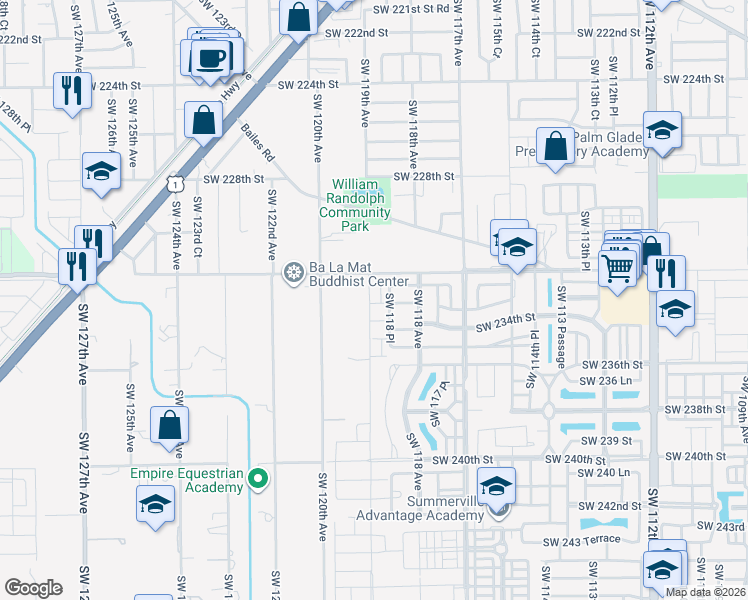 map of restaurants, bars, coffee shops, grocery stores, and more near 11864 Southwest 232nd Lane in Homestead