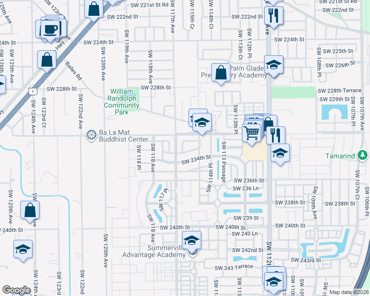 map of restaurants, bars, coffee shops, grocery stores, and more near 11552 Southwest 232nd Lane in Homestead