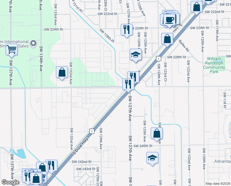 map of restaurants, bars, coffee shops, grocery stores, and more near 12750 Southwest 232nd Street in Miami